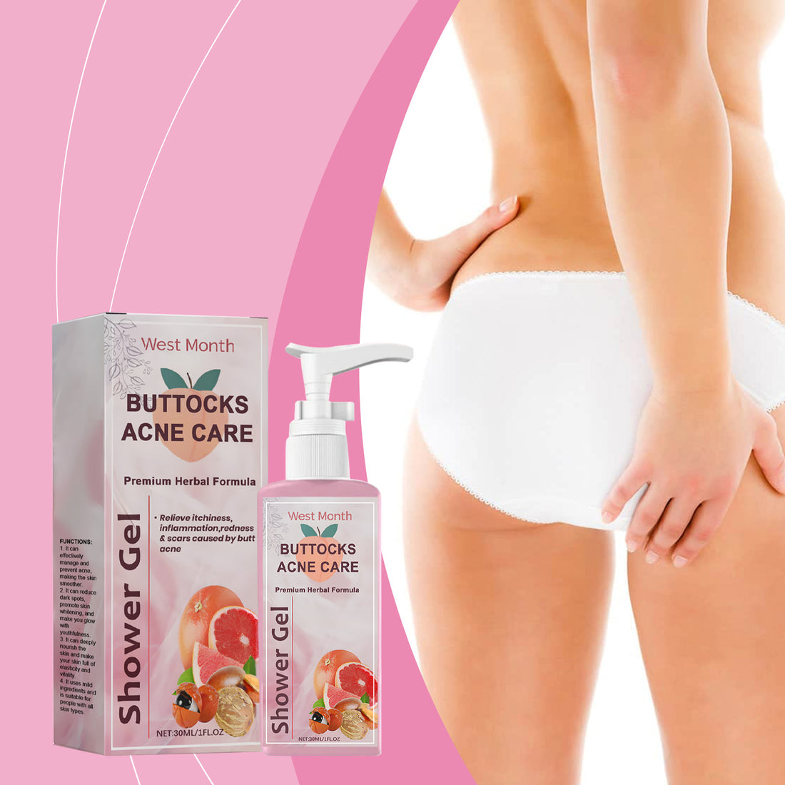 West&Month Butt Acne Treatment Shower Gel, Body Skin Clean And Fade Acne Mild And Refreshing